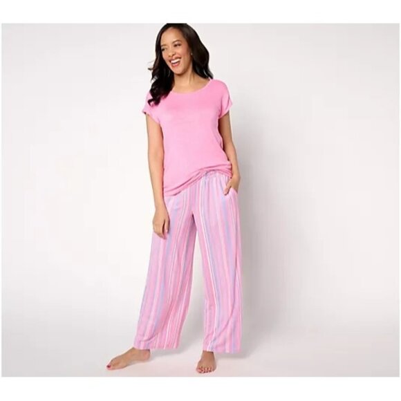 NWOT MUK LUKS Cloud Knit Wide Leg Pants Sz XL Pink Striped Pull On Drawstring - Picture 1 of 5